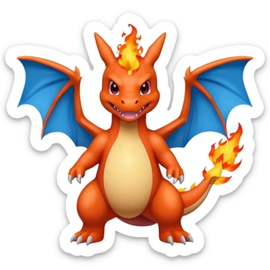 cute minimalistic red charizard pokemon throwhing flames 2 horns, blue wings only on the inside part sticker