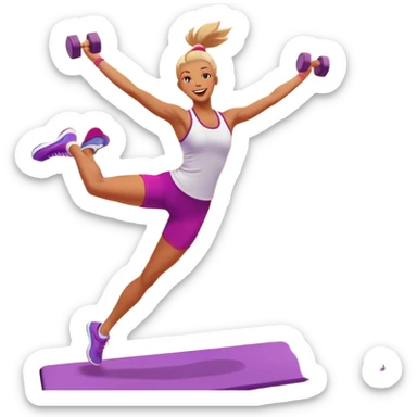An energetic person performing an aerobics workout in a brightly lit gym, jumping and stretching with enthusiasm. The scene includes vibrant fitness equipment like dumbbells and exercise mats, with a background of cheerful, motivating colors, conveying energy and movement. sticker