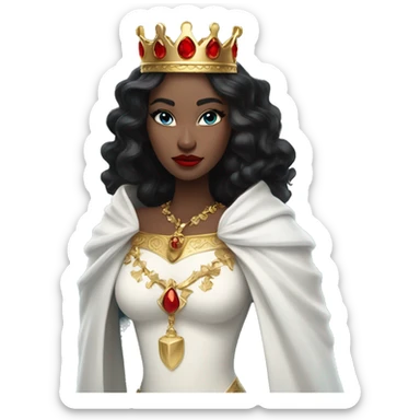 Queen with pale skin, icy blue eyes, bright red lips, long black hair, gold crown, and white robes. sticker