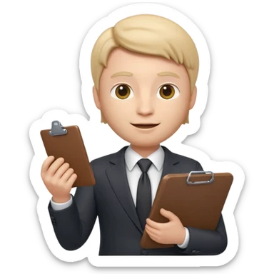 Apple Memoji-style 3D emoji of a manager character in a suit holding a clipboard, soft shading, rounded shapes, clean gradients, no background.
 sticker