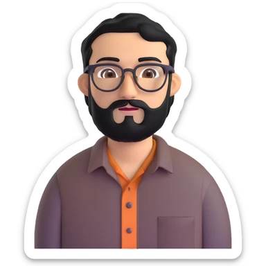 man with medium black beard, black hair, connected unibrow, olive tan skin, brown eyes, glasses, prominent long nose, wearing casual business attire like a button-up shirt without tie sticker