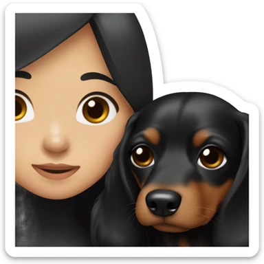 an Asian girl with long hair, wear black dress, hugging a black and tan long haired dachshund sticker