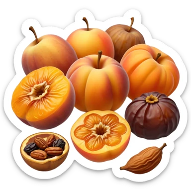 small group of dried fruits apricots figs dates raisins apple rings gently scattered, natural color variation, wrinkled texture, warm orange brown amber golden tones, 3D-rendered, minimalist, realistic, soft shadows, no anthropomorphic features, no bowl or tray, transparent background, emoji scale sticker