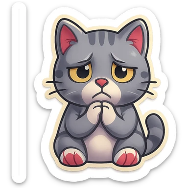 Bring the cat's paws up so they are touching each other just below the chin. Make the face look even sadder, with more expressive disappointment. Keep the style and transparent background. sticker