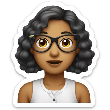 une fille avec des cheveux mi long noir ondulé , des yeux marron , et avec des lunette fine, portant un chemisier blanc.La peau légèrement basané.le visage alongé sticker