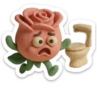 soft pink rose flower character in claymation style with puffed cheeks, dark round eyes, round chubby body, curled rose petals on top, stubby green leaf arms and legs, pastel tones, chibi round shape, panicked expression with bulging eyes, flailing leaf arms, rushing to the bathroom sticker