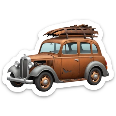 Side view of a broken-down old car with steam from the open bonnet, shattered windows, rusted doors, a flat tire, dents, peeling paint, and a grimy, neglected look. sticker