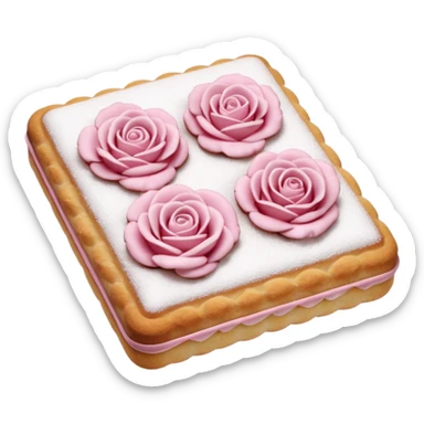 two biscuits roses de Reims, rectangular gently rounded, pastel pink, powdered sugar on top, crisp delicately textured surface, subtle cracks, arranged neatly, clean 3D rendering, soft light, subtle shadow, no packaging, no anthropomorphic features, transparent background, emoji scale sticker
