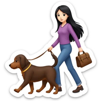 A girl with long black hair walks a big brown dog sticker