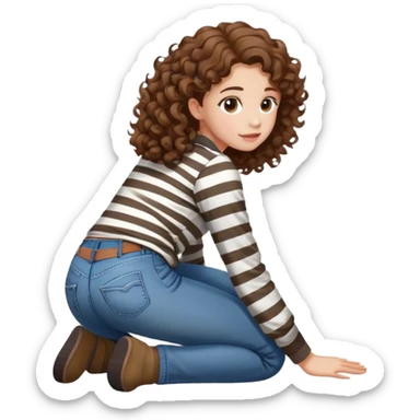 girl with curly hair in jeans and striped shirt kneeling on the ground seen from behind sticker