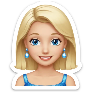 make this real, blond, below shoulder, blue eyes, 50s, sparkle in the eyes, fun, smile, no earings, relaxed style sticker