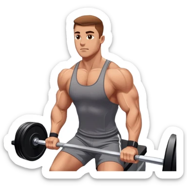 A focused athlete working out on a strength training machine in a modern gym. Muscles engaged, expression determined, demonstrating power and endurance. The gym is filled with equipment like dumbbells, barbells, and mirrors reflecting effort, creating a high-energy atmosphere. sticker