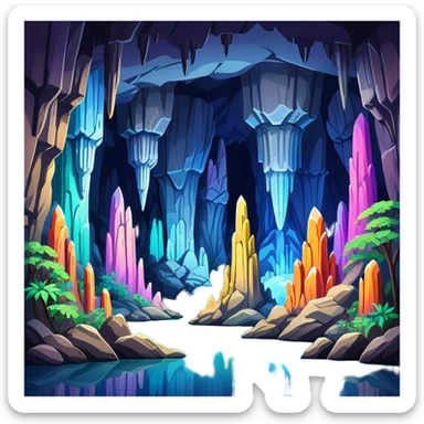 Reed Flute Cave Guilin with colorful lighting, simplified emoji style with bold outlines and bright colors, cartoon style cave with stalagmites sticker