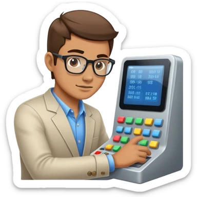 Programmer at a control panel pressing buttons sticker