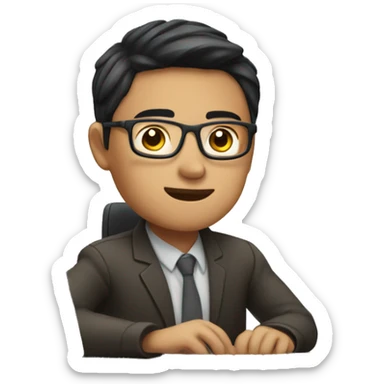 Asian student with glasses and middle part behind computer working sticker