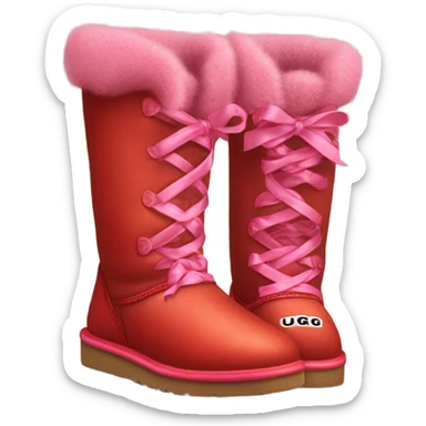 Pair of hyper Realistic Red Ugg Fur Boots laced out with pink silk ribbon laces at the back of them. sticker