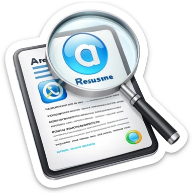 AI Resume Analyzer App logo with document and magnifying glass, 3D style sticker