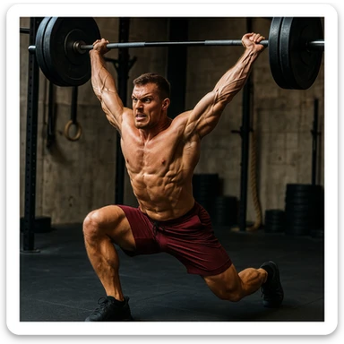 realistic 4K image of a crossfit athlete training snatch exercise, explosive movement, tense muscles, vivid colors, powerful atmosphere, gym background sticker