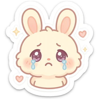 kawaii chibi-style bunny emoji with a round fluffy face, sparkly eyes, blushing cheeks, pastel color palette, sad mood, soft rounded design, anime-style, sparkles and hearts, vector art sticker