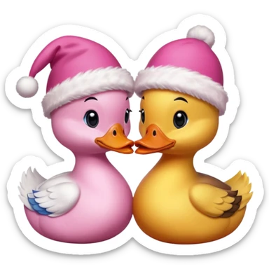 Two duck want to face each other and kissing pink colour want to too pritty and each want to wear crismas cap in oink colour sticker