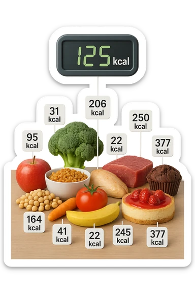 a digital calorie counter hovers above a variety of foods arranged on a table—fruits, vegetables, grains, meats, and desserts. Each food has a floating label showing its calorie content. The background is clean and modern, emphasizing the educational aspect of calorie awareness. sticker