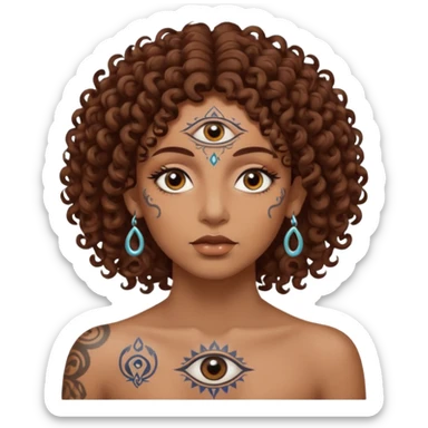 Sexy brown eyes, brown curly hair, white ethnicity with tattoo mystic vibe, third eye  sticker