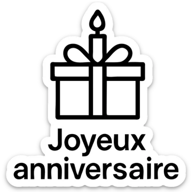 Joyeux anniversaire minimalist icon featuring birthday cake or gift box, simple lines, cheerful vibe sticker