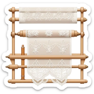 Lace making icon, lace patterns in progress, shuttle, thread, bobbins, intricate details, minimalistic style, clean lines, transparent background. sticker