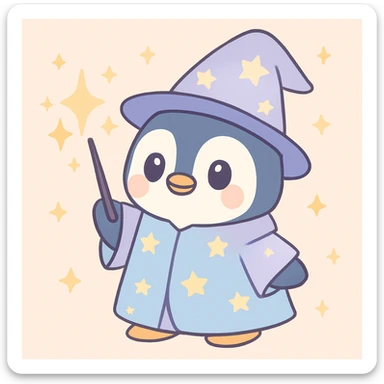 cute penguin wizard casting a spell, with sparkles and a starry robe sticker