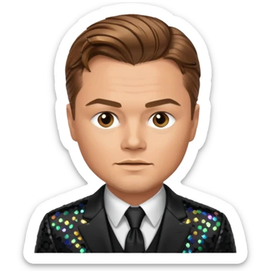 Leonardo DiCaprio with light brown hair, black sequin suit sticker