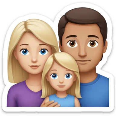 Family portrait with father with dark brown hair and brown eyes, mother with light brown hair and blue eyes, 1 blonde little girls with blue eyes, 1 light brown hair and brown eyes sticker