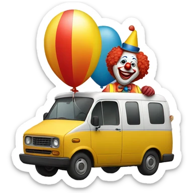 A clown in a van with a ballon sticker