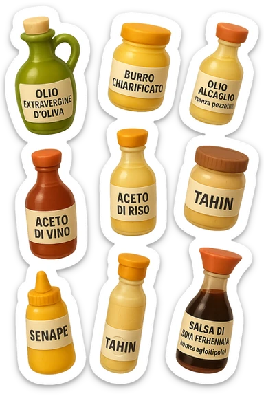 emoji stile iphone 3d di questi elementi che fluttuano in aria sparsi casualmente:

Olio extravergine d’oliva, burro chiarificato
Olio all’aglio (senza pezzetti)
Aceto di vino, aceto di riso, senape, tahin
Salsa di soia fermentata (senza aglio/cipolla)


 che fluttuano sparse casualmente in aria, le etichette dei prodotti scrivile in italiano, iperealistico 4k sticker