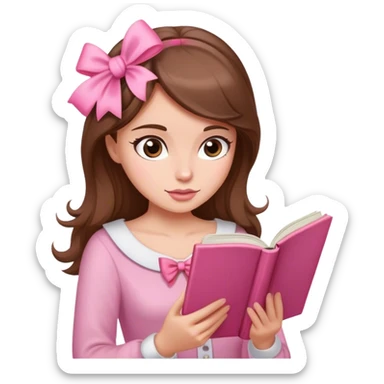 a brown haired, fair skinned female reader reading a pink romance novel with bow sticker