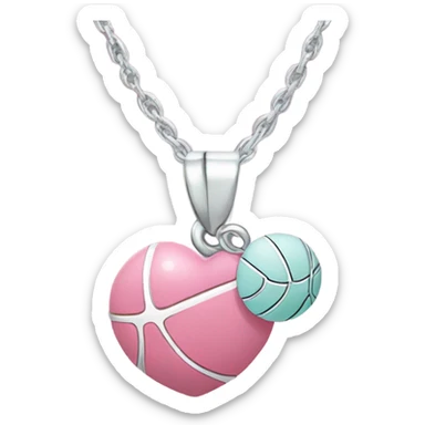 a basketball necklace with a heart. where there are two pendants: a flat silver basketball, and a pink enamel heart. similar to the tiffany and co. heart necklace sticker