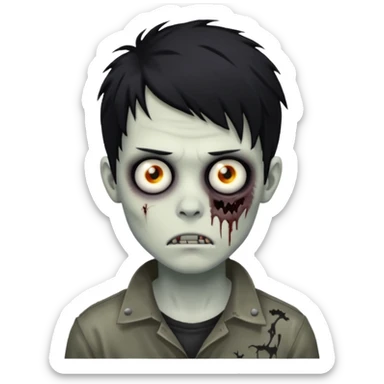zombie boy with messy black hair, emo style, medium length, eerie and unsettling face sticker