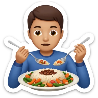 Create a person having lunch. Not a sandwich. Rice, beans, vegetables and chicken. sticker