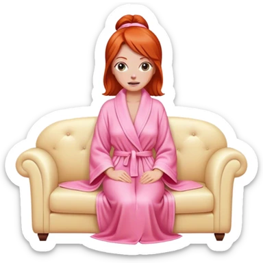 Red head woman wrapped in a pink dressing gown led on a cream sofa sticker