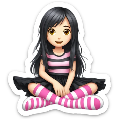 full body Front view emo girl sits on the floor black skirt pink knickers long striped socks sticker