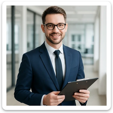 businessman with glasses holding a clipboard, neat hairstyle, modern office vibe sticker