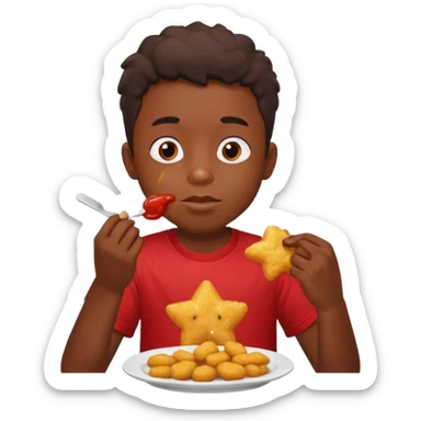 A boy with dark skin wearing a red and yellow t-shirt, eating star-shaped chicken nuggets with ketchup sauce. sticker