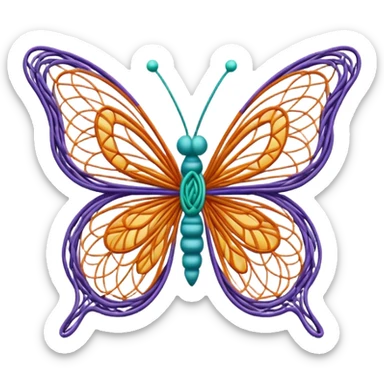 String art icon, colorful butterfly made with threads, wings formed by intricate thread patterns, body of the butterfly with visible thread ball structure, minimalistic style, clean lines, transparent background. sticker