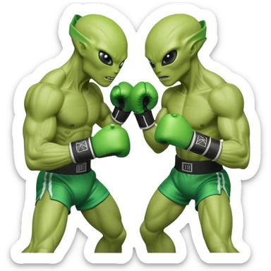 two aliens boxing in a fight stance, facing each other with raised gloves, dynamic action pose, intense expressions, sci-fi arena vibe, 3D cartoon style, mobile game icon style, clean background, no text, no watermark
 sticker