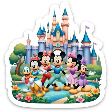A vibrant collage featuring iconic characters like one Goofy, one Mickey Mouse, one Ariel, one Jasmine and one Franco. Each character should be large and bright, set against a cheerful and playful background with Disneyland. Transparent background. sticker