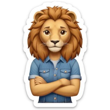 female anthropomorphised lion character standing confidently with arms folded wearing jeans and a t-shirt sticker