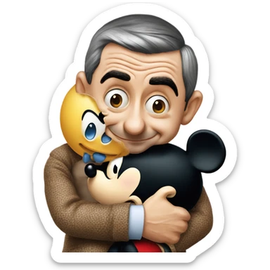 mr bean hugging with mickey mouse sticker