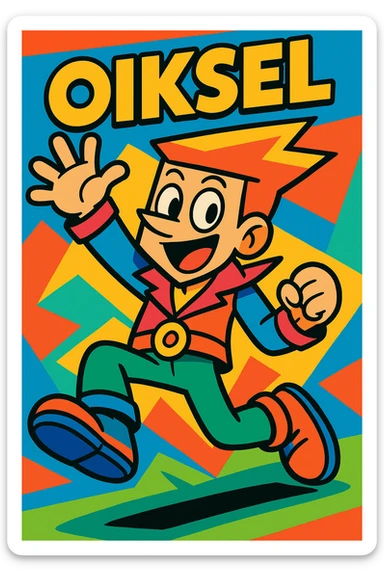 Oiksel, vibrant toon style, bold lines, energetic pose, colorful outfit sticker