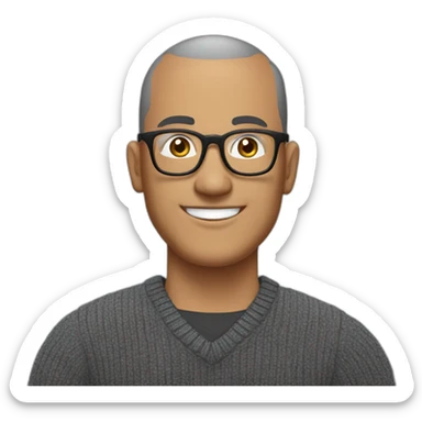 Middle age man with buzz cut salt and pepper hair, thick frame glasses, with a round face and broad smile, wearing a v-neck sweater sticker