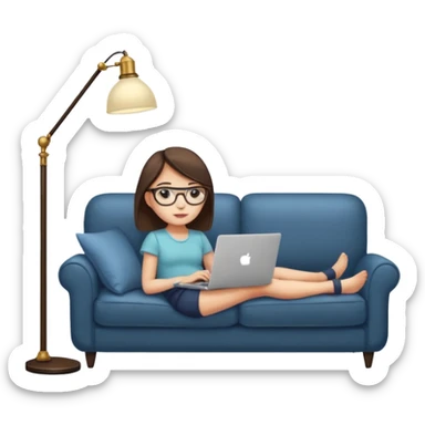 A girl is working with a laptop while lying on a sofa, with a floor lamp to the right. sticker
