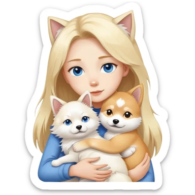 blonde girl blue eyes hugging a white Maine Coon and shiba sticker